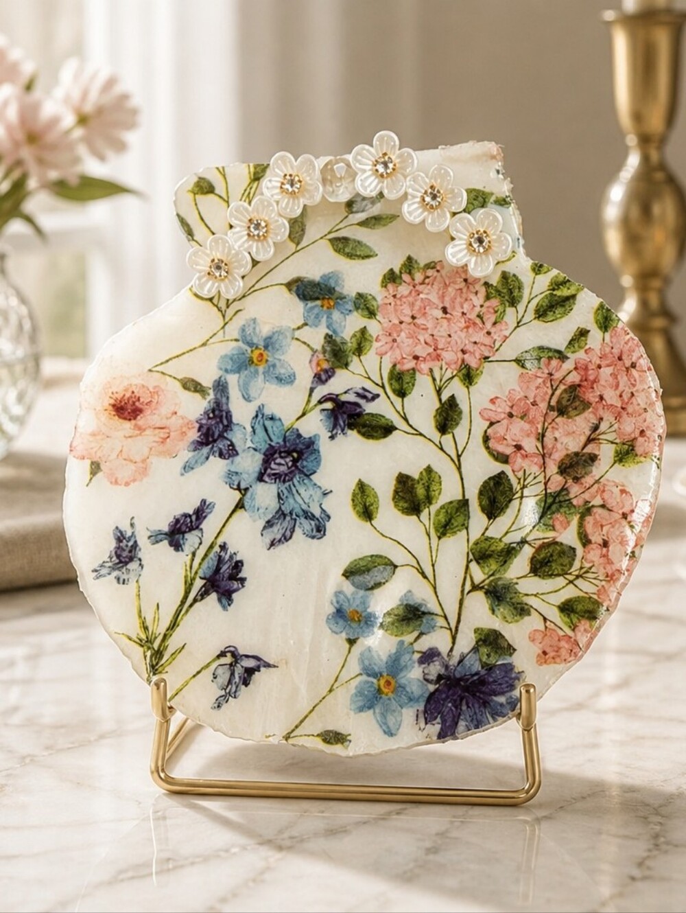 Floral Clam Shell Trinket Dish with Raised Flower Accents - Blue & Pink